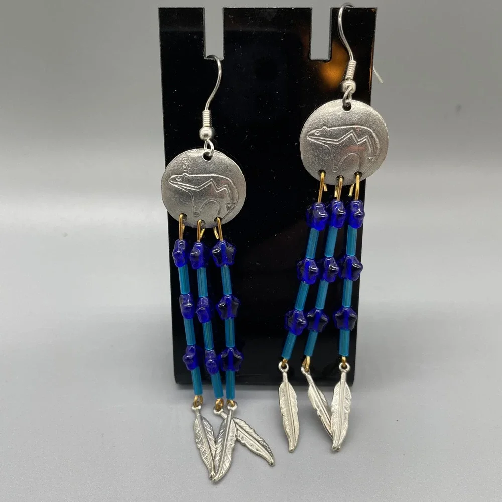 Silver Bear Etched Medallion Blue‎ Star Bead Feather Fringe Dangle Earrings
